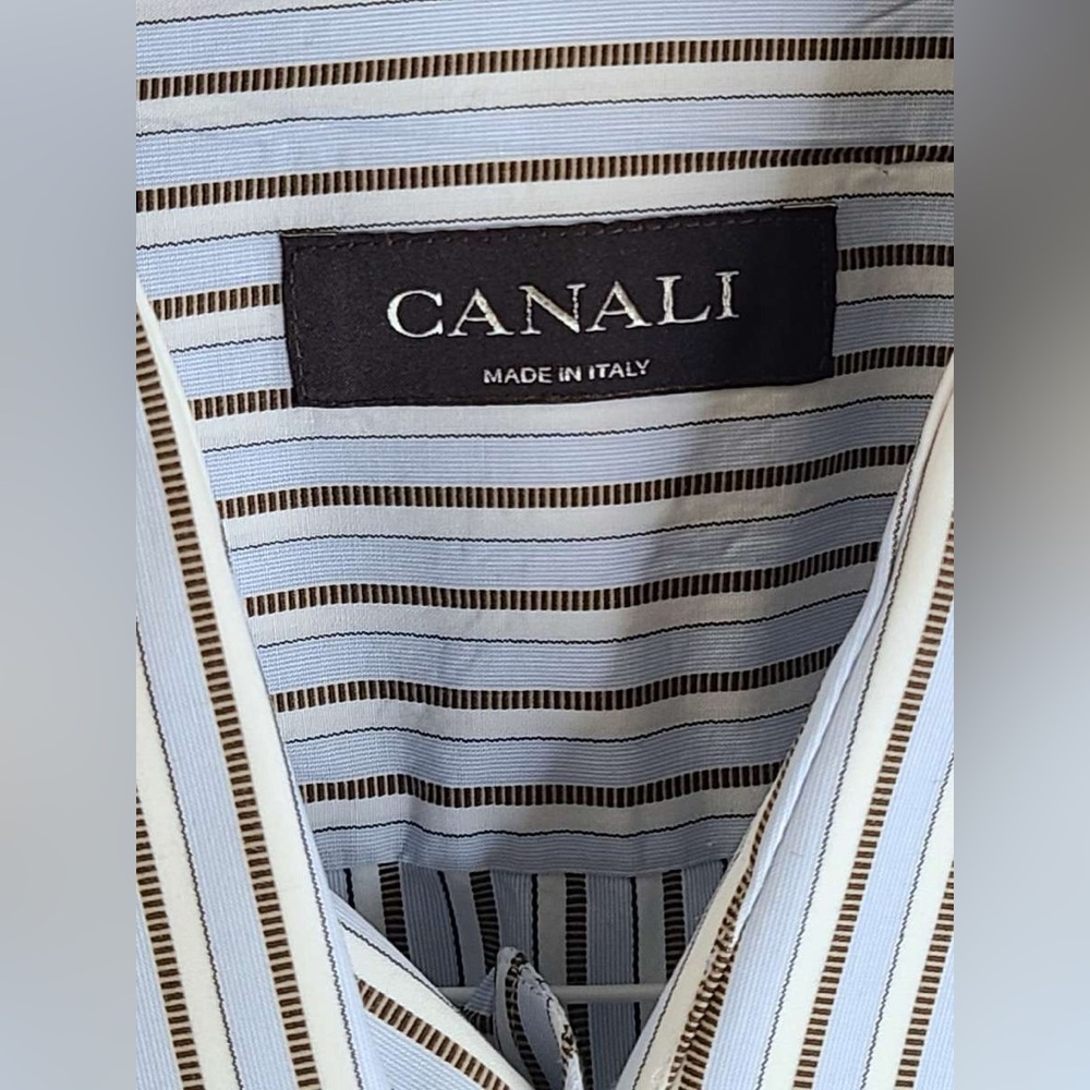 Canali Men's Shirt 👔 with Blue and Dark Taupe Stripes